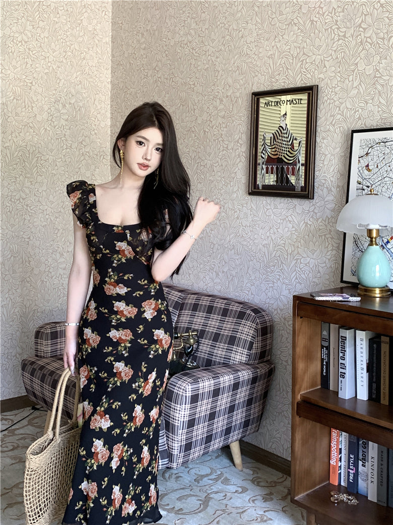 Temperament high-end retro floral dress super beautiful long skirt R0646