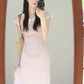 Gentle style pink short-sleeved dress with elegant waist and slim fit R0849