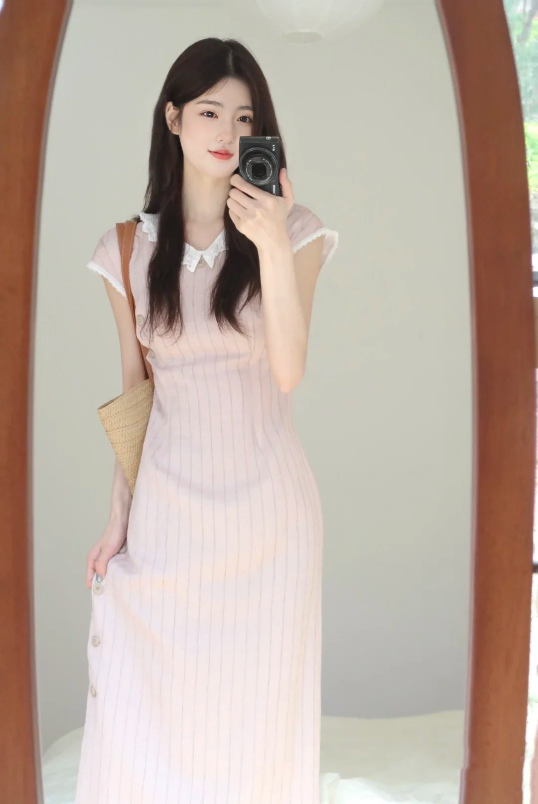 Gentle style pink short-sleeved dress with elegant waist and slim fit R0849