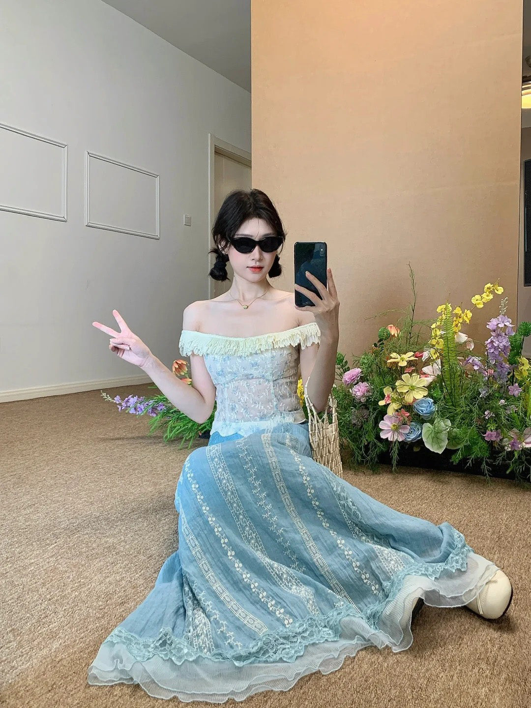 Summer gentle temperament vacation one shoulder top a line skirt two piece set R0852