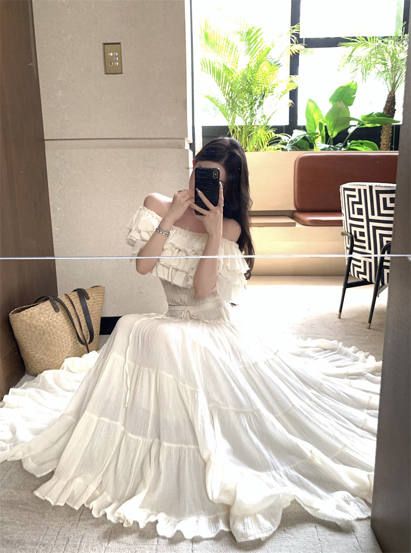 Summer beautiful one-shoulder short top a-line skirt beautiful two-piece suit R0853