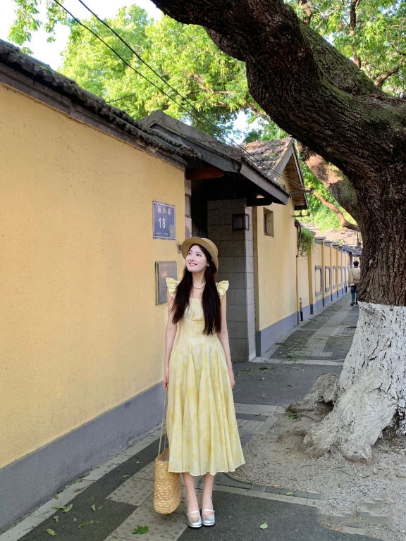 Summer skirt beautiful waist A-line long skirt yellow gradient floral dress R0837