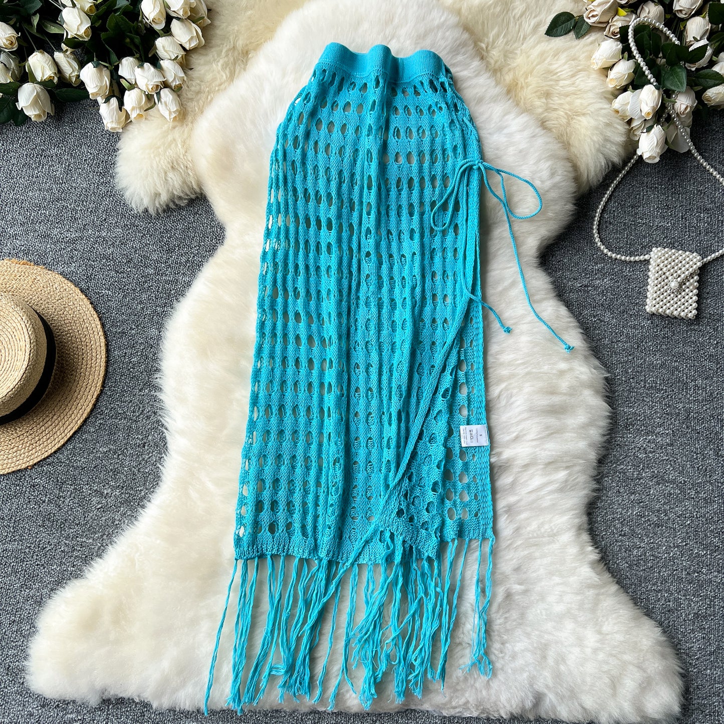 Sexy holiday hollow mesh skirt slit lace up outer knitted tassel beach skirt R2192