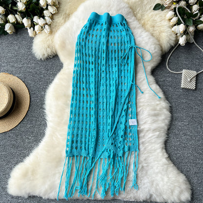 Sexy holiday hollow mesh skirt slit lace up outer knitted tassel beach skirt R2192