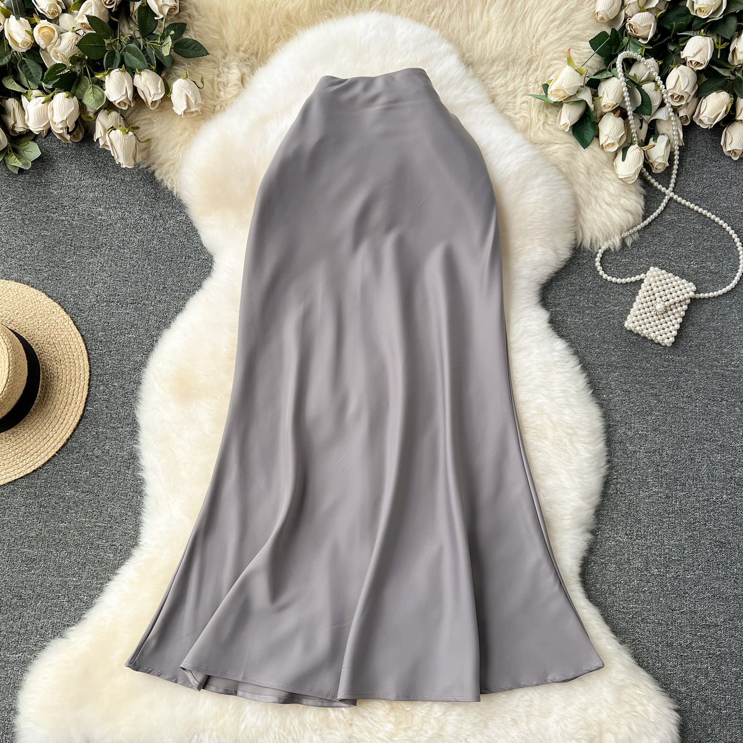 High-end satin skirt, high waist, slimming, medium-length fishtail skirt R2194