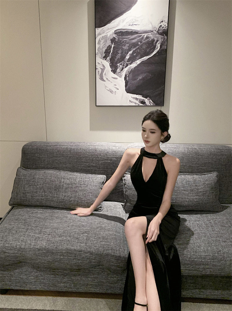 Birthday dress high-end dress high-end niche temperament lady black halter dress R1816