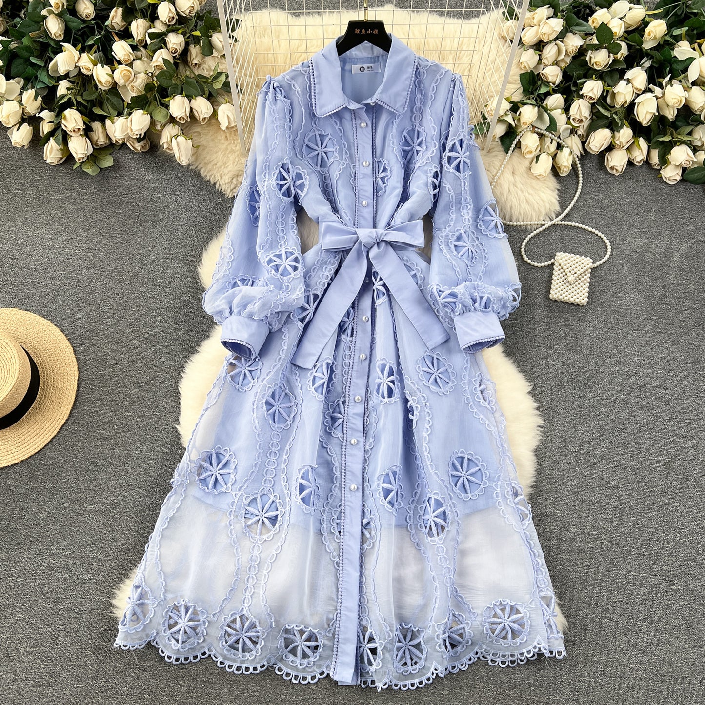 Palace style dress 2025 new embroidery hollow flower slim fit medium long dress R2155