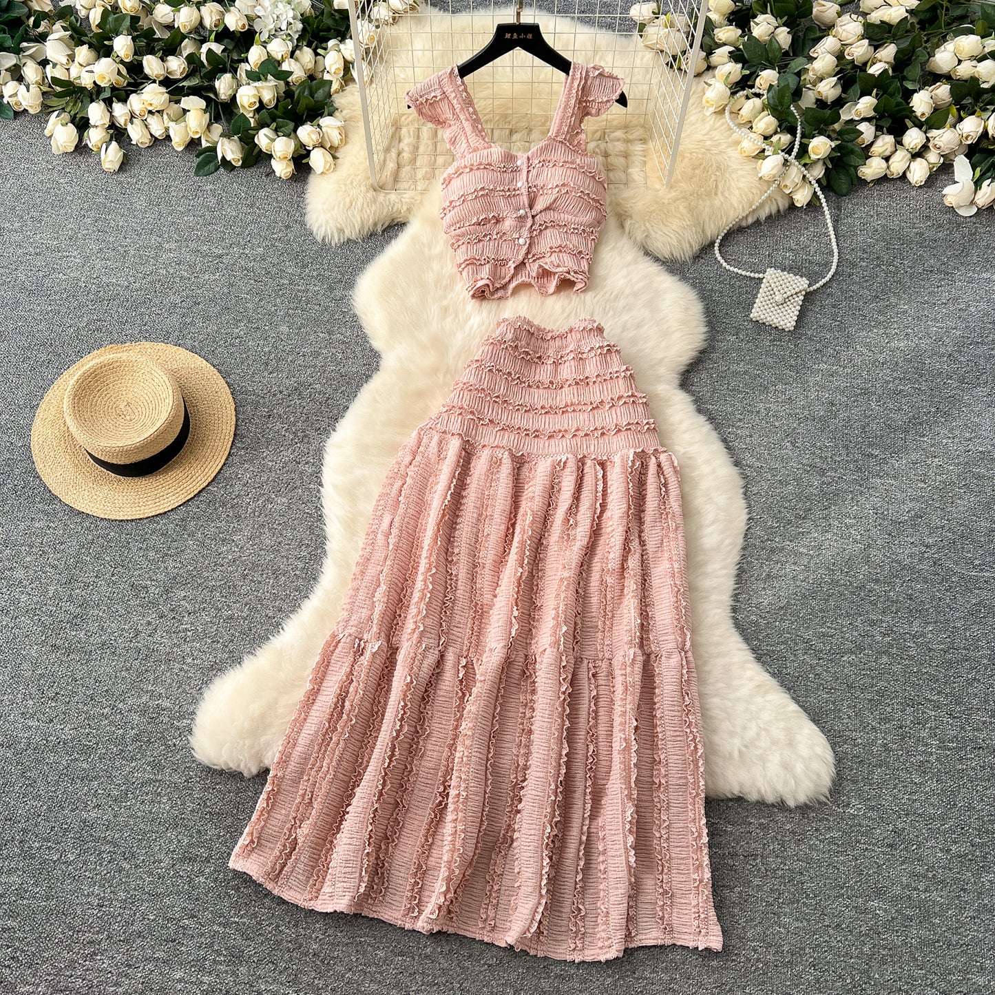 Gentle outfit holiday style short small flying sleeve suspender top high waist pleated skirt suit R2158