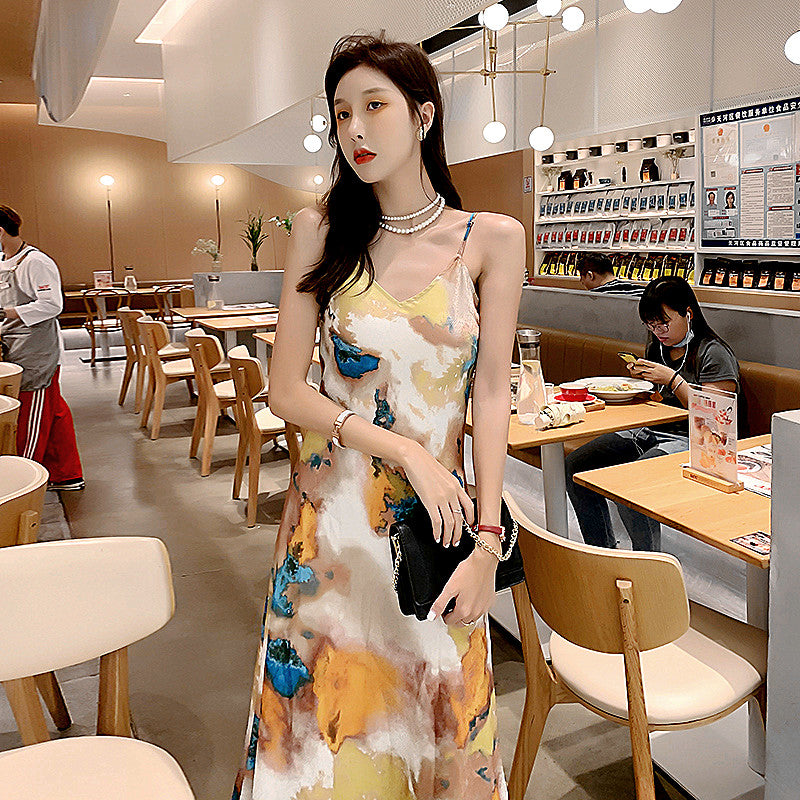 High-grade drape silk satin V-neck suspender dress satin temperament printed floral dress R1000