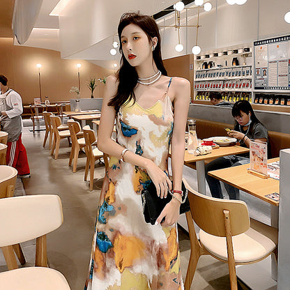 High-grade drape silk satin V-neck suspender dress satin temperament printed floral dress R1000