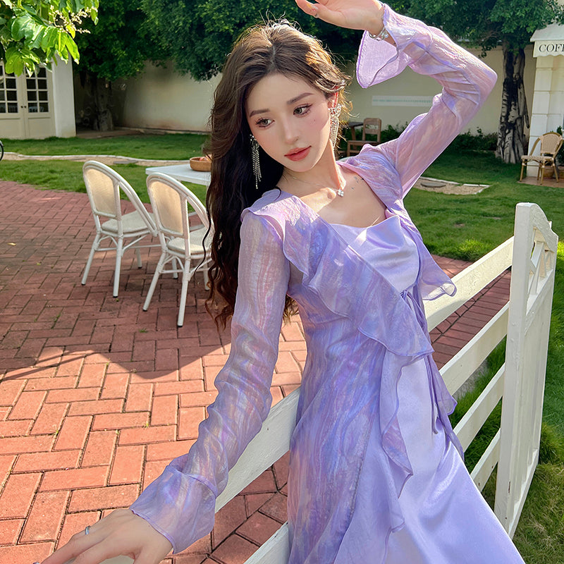 Satin dress with a swaying collar, high-end niche sexy suspender dress, purple inner long skirt R0998