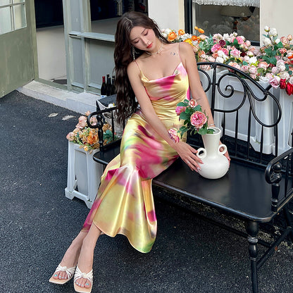 Noble temperament printed suspender dress 2025 new acetate satin long skirt R0999