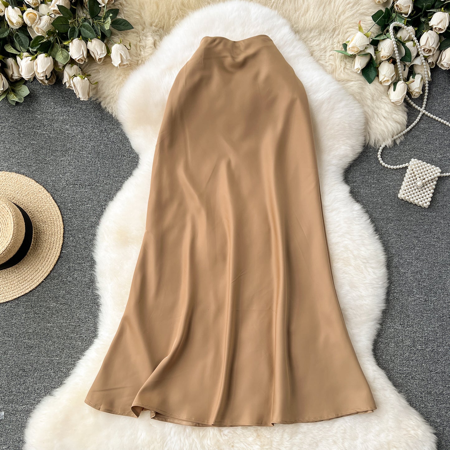 High-end satin skirt, high waist, slimming, medium-length fishtail skirt R2194