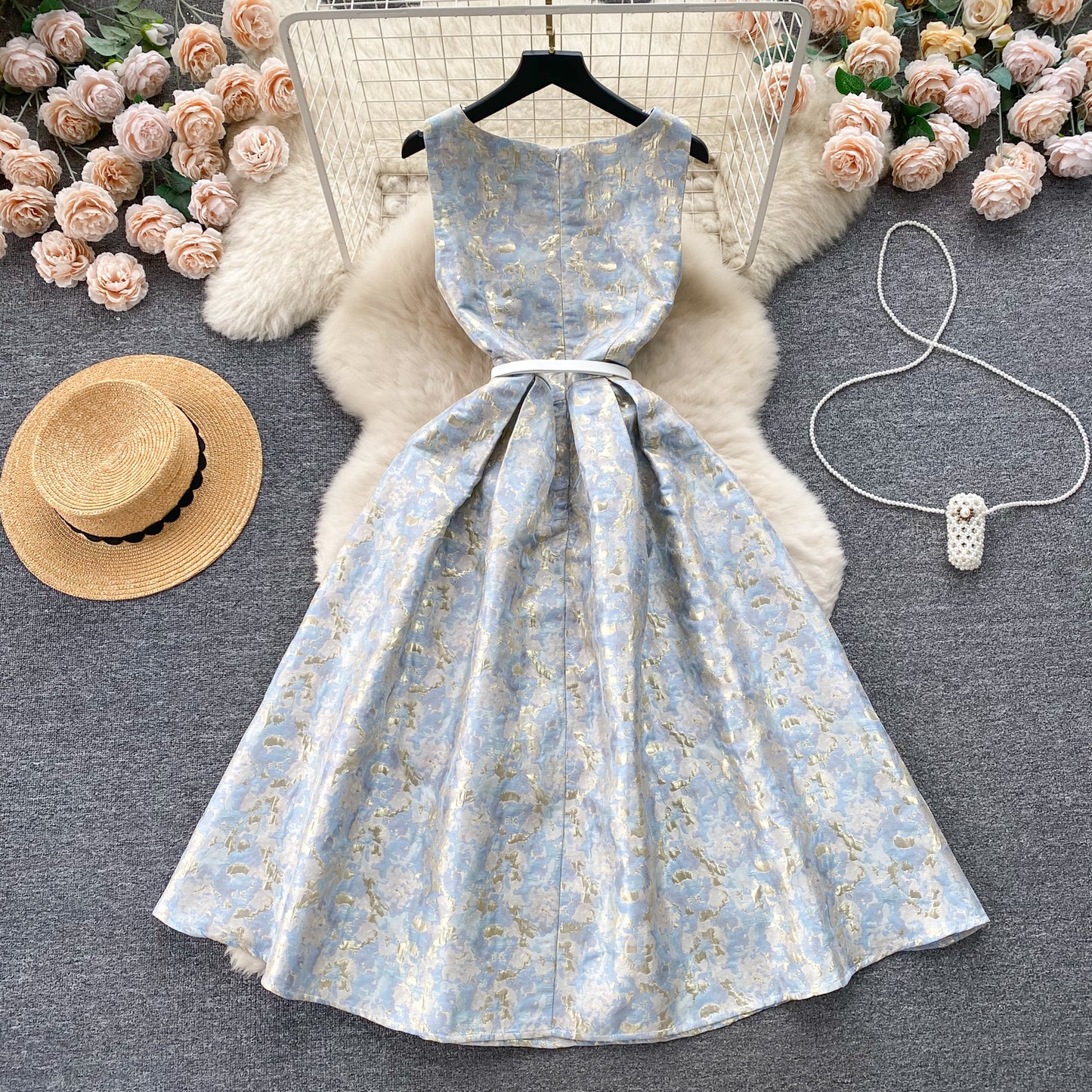 Palace style dress French square collar slim waist slimming gold stamping retro dress R2193