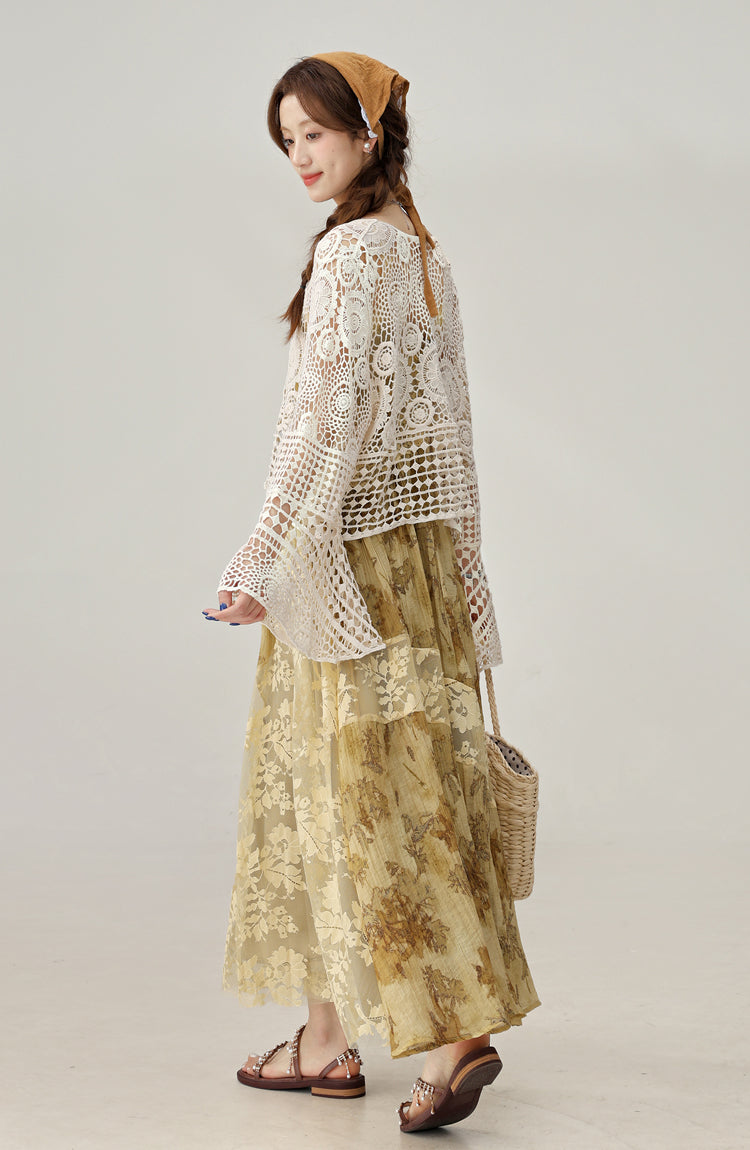 Han element retro floral lace stitching suspender dress holiday long dress R1973