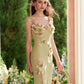 French heavy design flower wool knitted suspenders green slit dress R5112