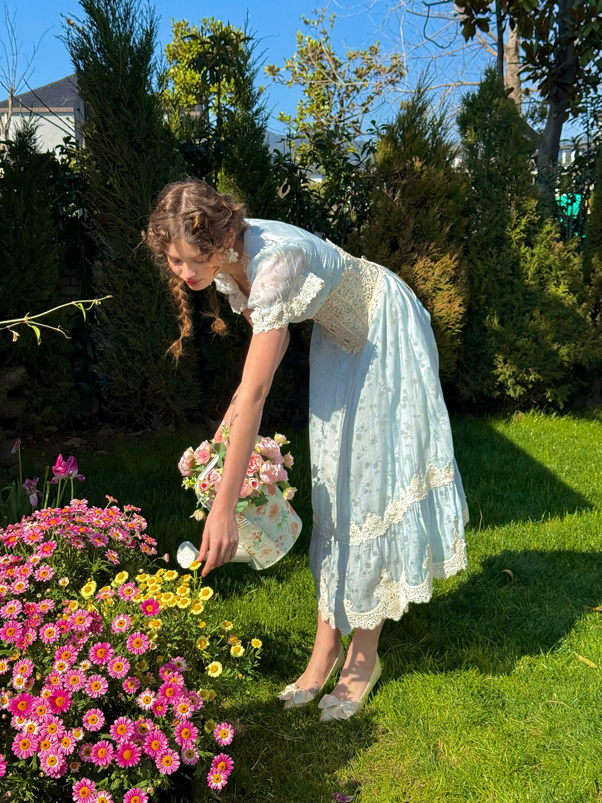 French pastoral fresh baby blue long short-sleeved lace dress R5113