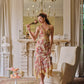 French retro romantic vacation stretch print mesh halter neck fishtail dress R5104
