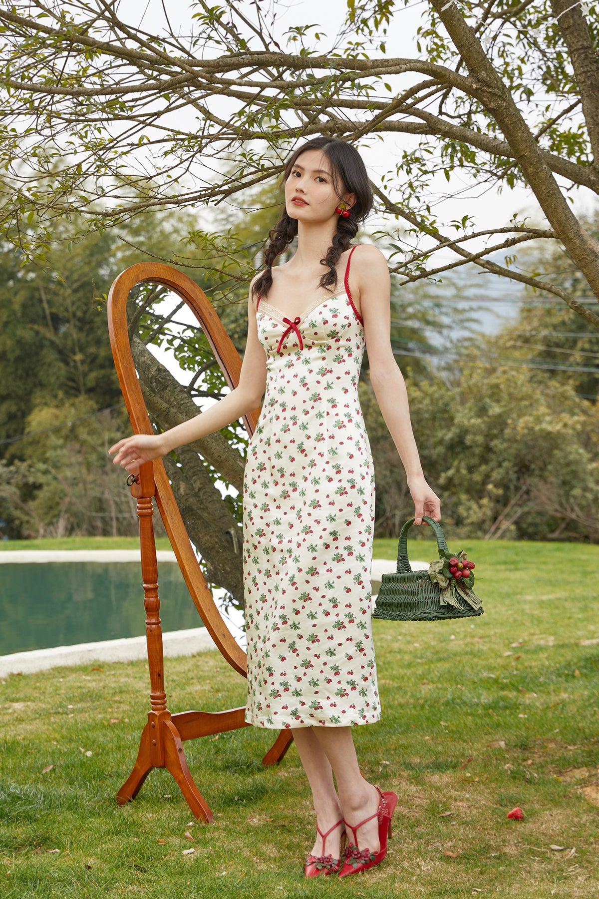 French Retro Countryside Print Slip Dress R5109
