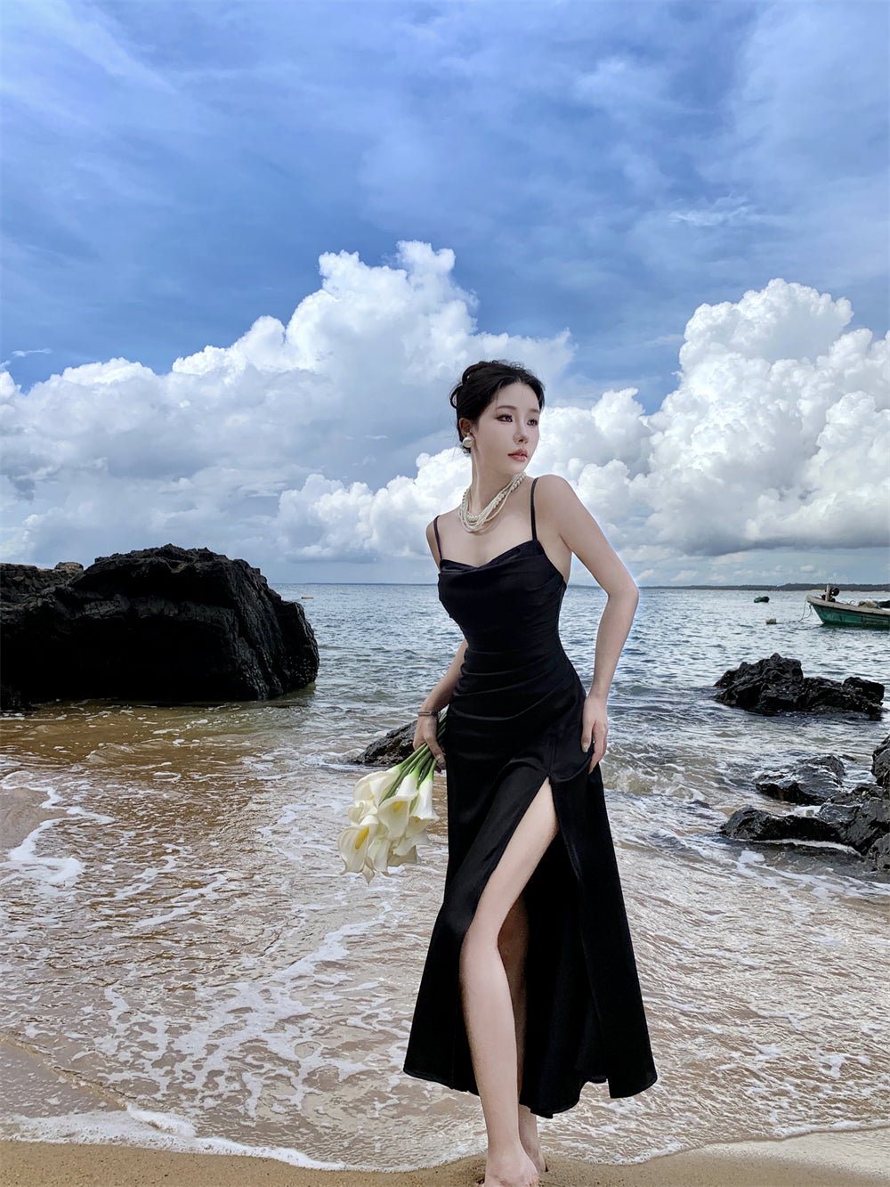 Black suspender dress slim sexy temperament slit silk satin holiday wear skirt R1443