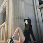 Printed long-sleeved black dress 2025 new slim hip skirt short style R0551