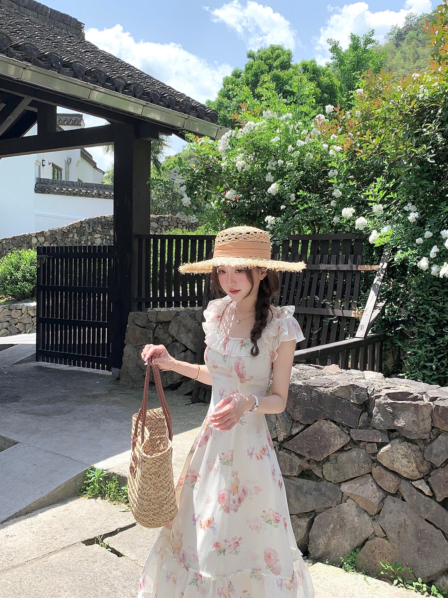 French romantic floral dress women's summer unique beautiful long dress R3870