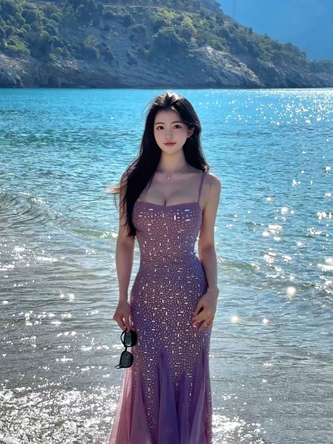 Purple hot diamond suspender dress niche figure waist temperament dress R0515