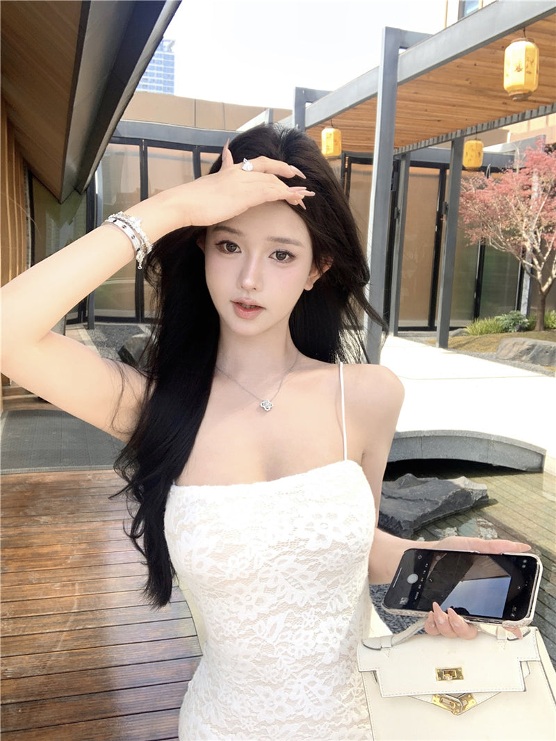 White lace suspender dress beautiful waist hip skirt R0526