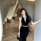 Hepburn style black dress high-end niche temperament heavy fishtail halter neck dress R1774