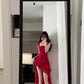 Retro red flower suspender dress irregular beautiful waist a-line beach dress R0697