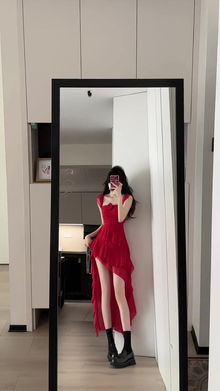 Retro red flower suspender dress irregular beautiful waist a-line beach dress R0697