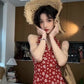 Retro red v-neck floral halter dress with waist and backless beautiful temperament long dress R0698