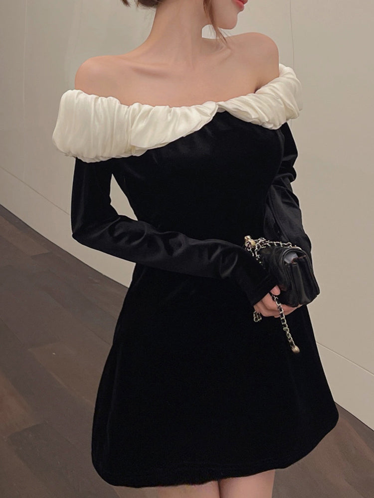 Hepburn style birthday party dress high-end niche one-shoulder black velvet dress R1808