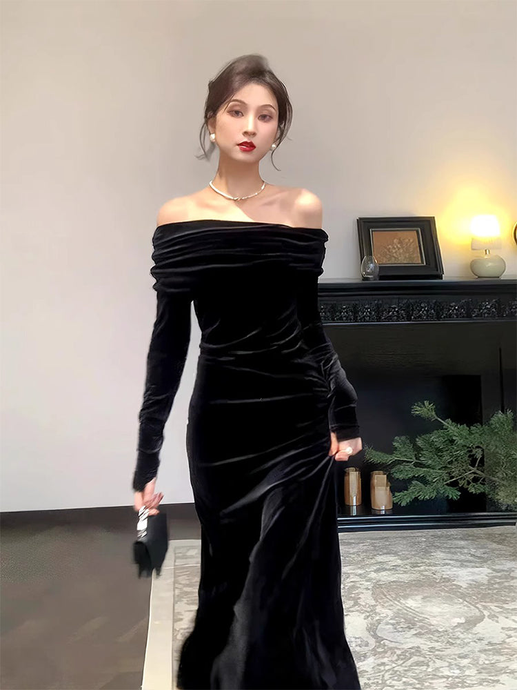 Hepburn style birthday dress high-end niche temperament black one-shoulder velvet dress R1813