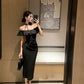 Hepburn style French sexy black one-shoulder dress slim fit temperament hip long skirt R1820