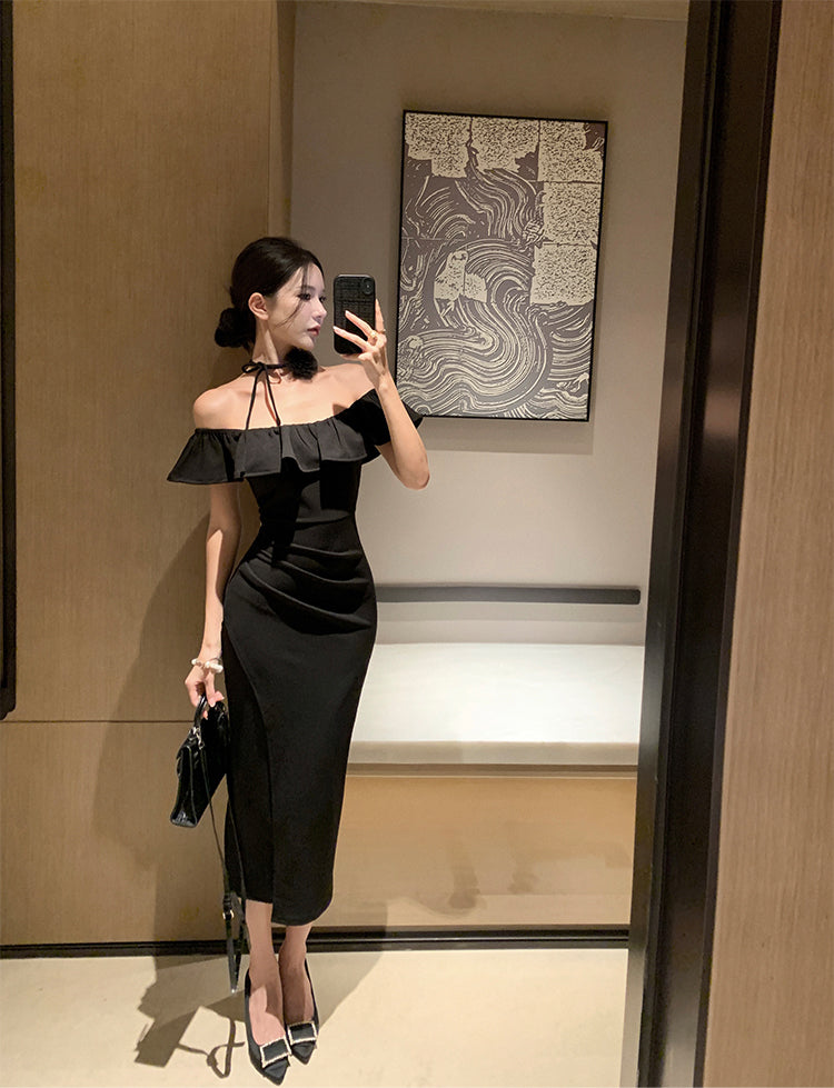Hepburn style French sexy black one-shoulder dress slim fit temperament hip long skirt R1820