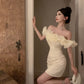 Temperament flower one-shoulder dress niche design banquet small dress R0797