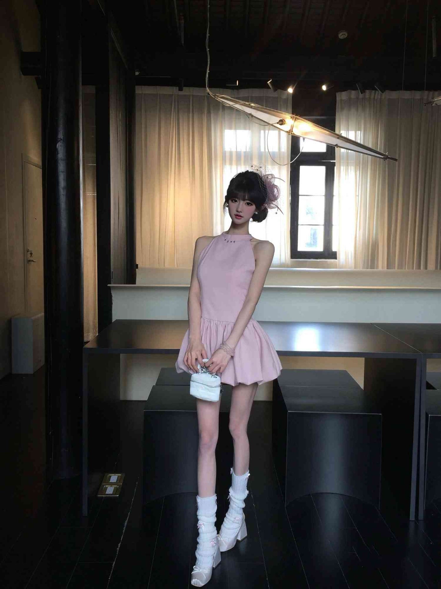 Pink sleeveless vest dress gentle temperament waist fluffy flower bud skirt R0799