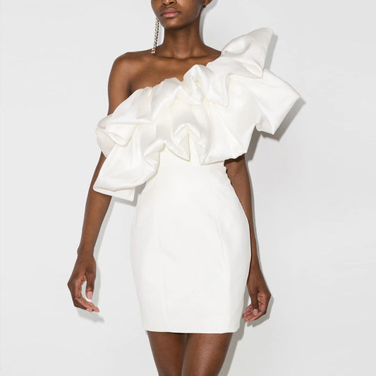 French white off-shoulder push pleat fashion banquet party dress dress homecoming dress R2972