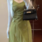 Gentle temperament green suspender dress retro beautiful waist slim a-line long skirt R0704