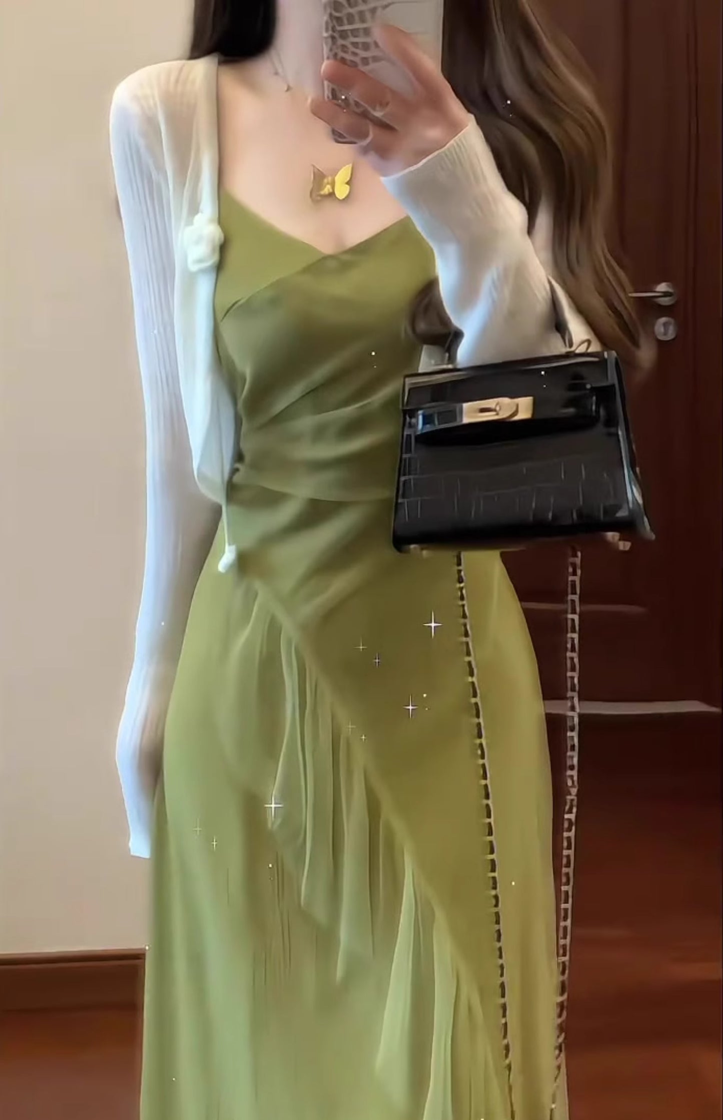 Gentle temperament green suspender dress retro beautiful waist slim a-line long skirt R0704