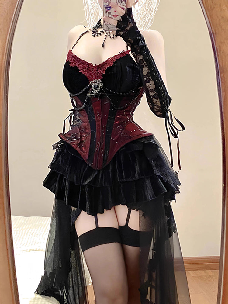 Dark Gothic Velvet Waist Halter Suspender Suit Removable Skirt Two-piece Suit R1665