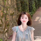 Gentle and sweet style blue floral dress beautiful loose A-line short skirt for petite R0651