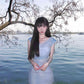 Blue floral one-shoulder dress, gentle temperament, beautiful waist and hip skirt R0686