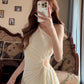 Temperament high-end hollow off-shoulder pleated long skirt design irregular dress R0639