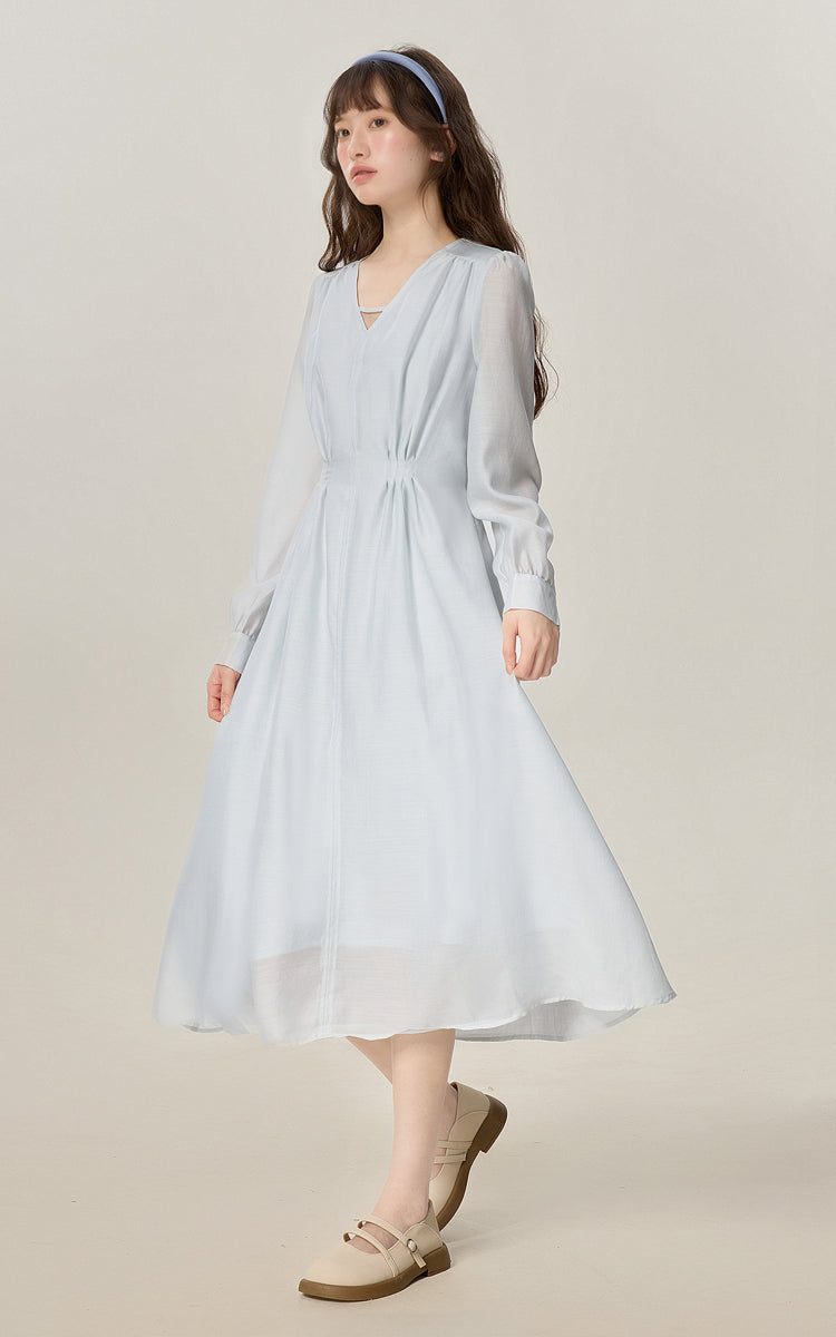 Temperament gentle style blue V-neck dress female 2025 new style skirt R1954