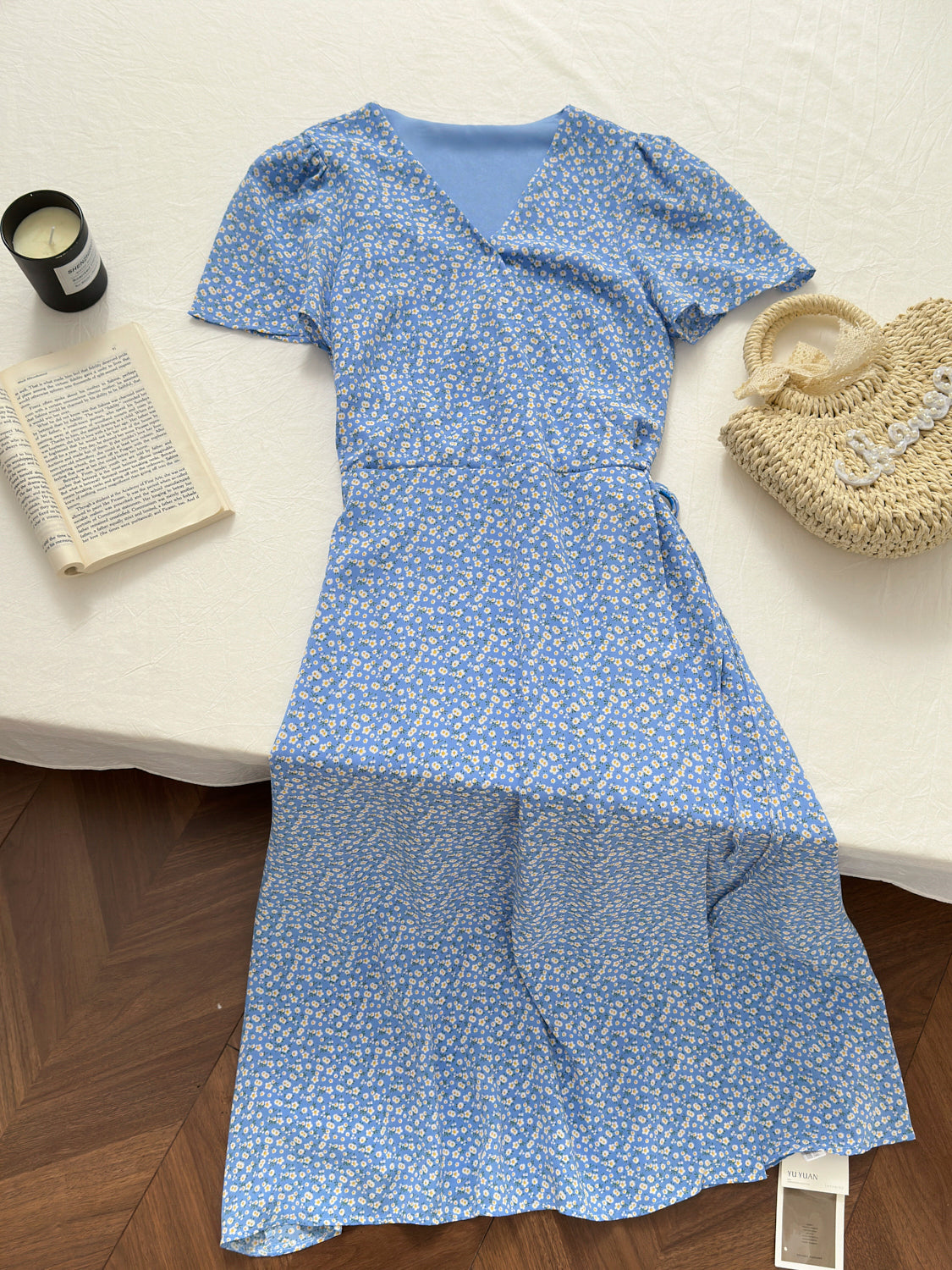 V-neck floral dress, loose short sleeves, waist-length holiday style long dress R2068