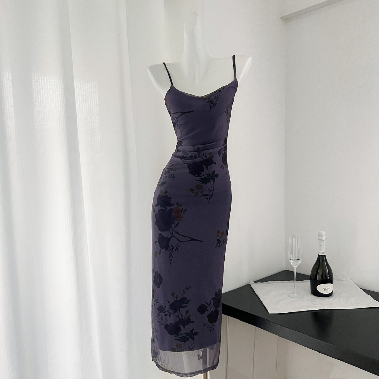 French style slim waist slim long purple dress R2075