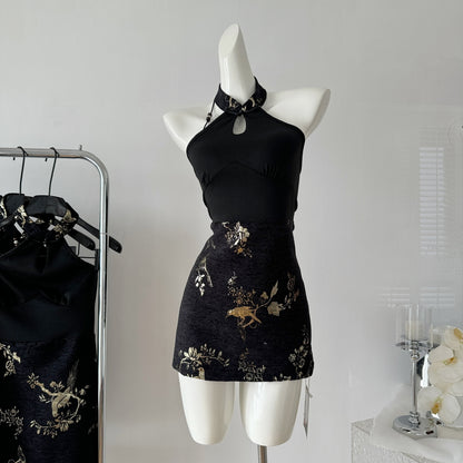 New Chinese dress 2025 national style printed a-line waist short skirt R2072