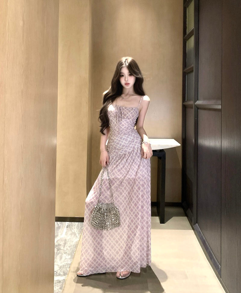 Purple suspender dress beautiful waist a-line beach dress R0587